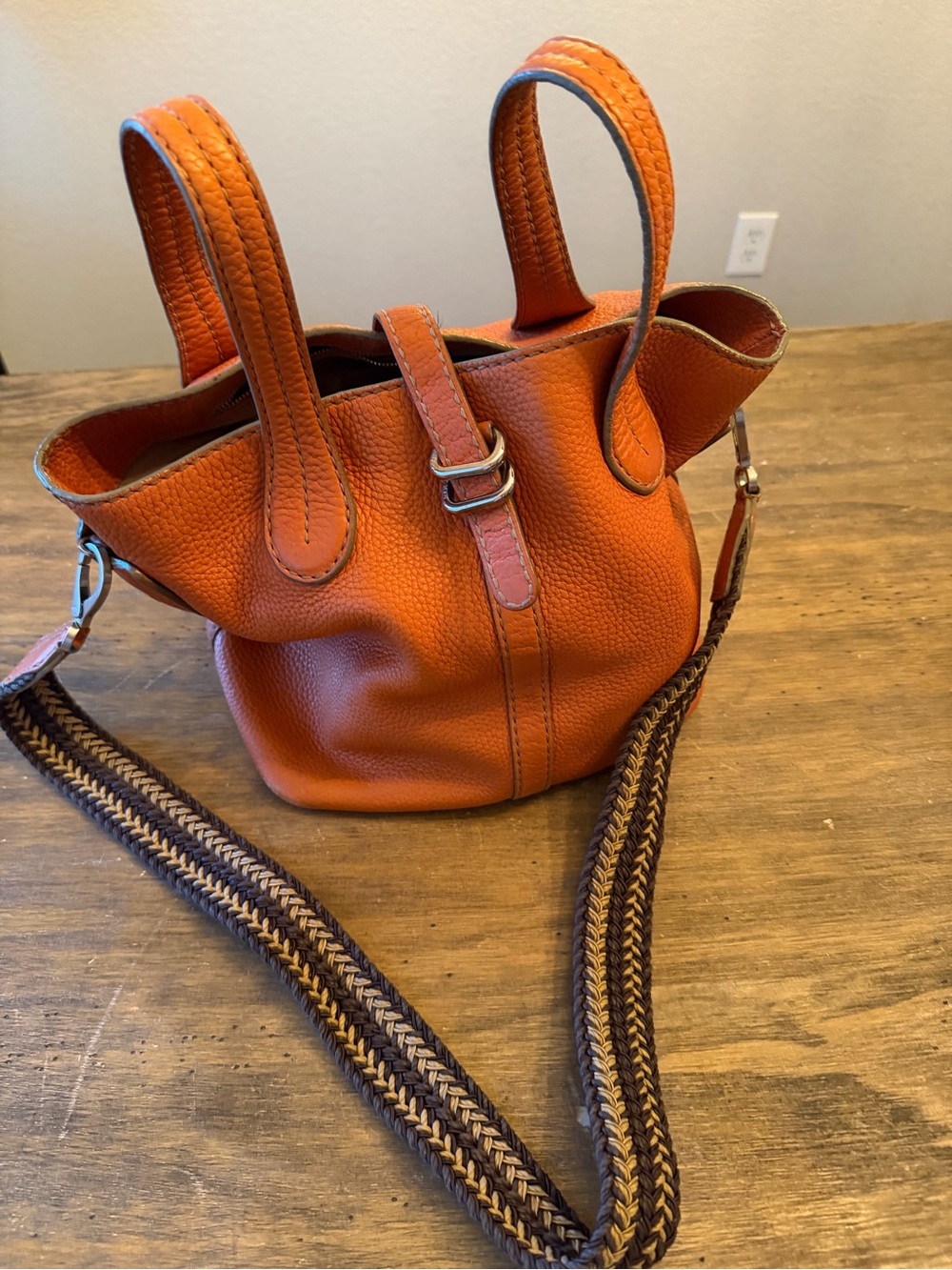 Vintage Tod's light terracotta pebbled leather double strap bucket bag crossbody
